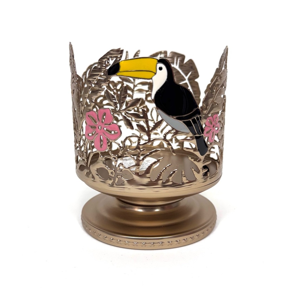 Bath & Body Works Tropical Leaf Toucan Bird Brushed Gold Pedestal Candle Holder